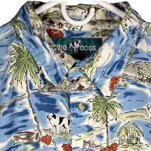 Big Dogs Hawaiian Shirt Mens 2XLT Blue Tropical Island Saint‎ Bernard Button Up